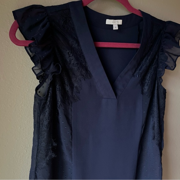 Stella & Dot Maette Women’s Size S Navy Semi Sheer Short Sleeve Blouse - Picture 3 of 10